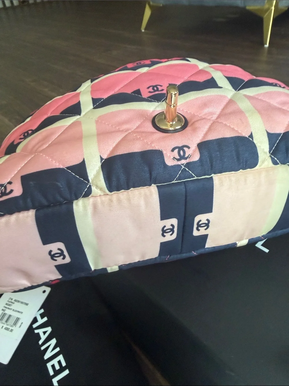 CHANEL Pink Quilted Shoulder Bag with Navy and Cream Grid
